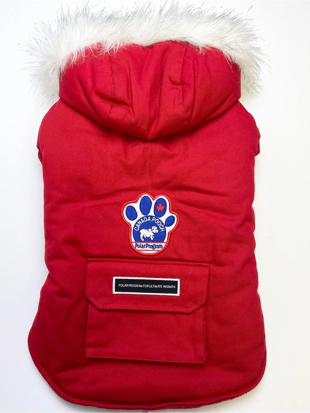 Canada Pooch Red Polar Program Hooded Dog Jacket with Faux-Fur Trim